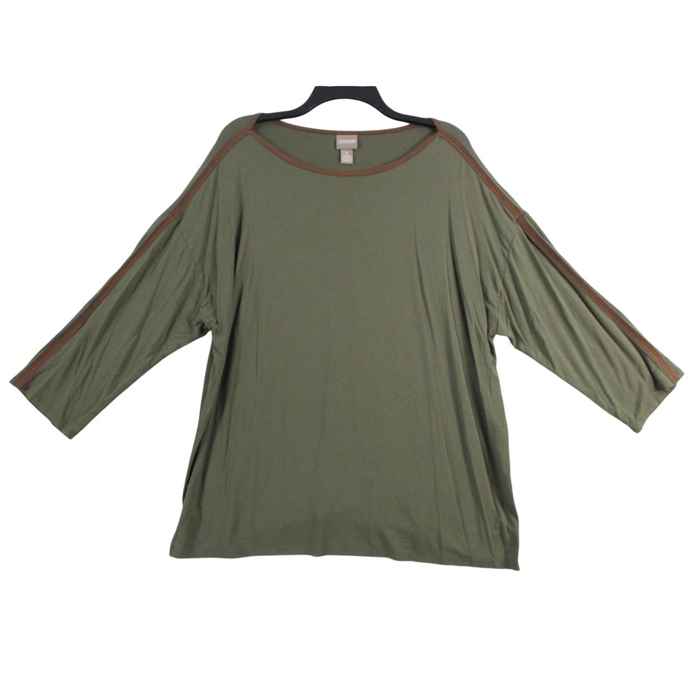 Chicos Olive Green Faux Leather Trim Boat Neck‎ Top Size 3 XL